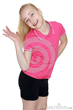 Joyful caucasian girl waving Stock Photo