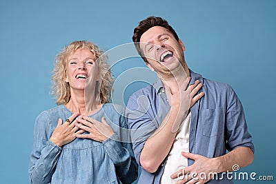 Joyful caucasian mother and son laughing at joke. Stock Photo