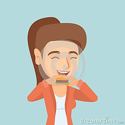 Young caucasian joyful woman eating hamburger. Vector Illustration
