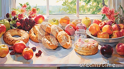 Joyful Celebration Of Nature: A Realistic Painting Of Pastries On A Windowsill Stock Photo