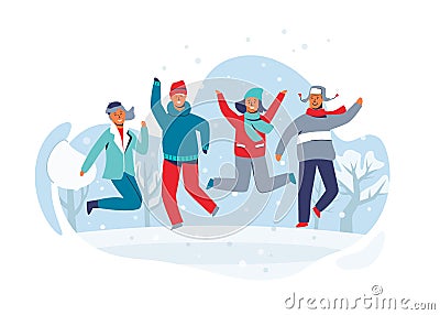 Joyful Characters Friends Jumping in the Snow. People in Warm Clothes on Happy Winter Vacation. Fun Outdoors Vector Illustration