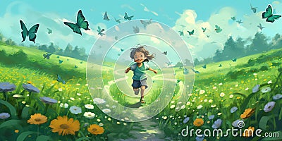 A joyful child running through a lush, green meadow, surrounded by fluttering butterflies, concept of Sprightly freedom Stock Photo