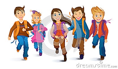 Joyful children with backpacks running. Primary school pupils. Vector Illustration