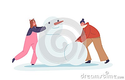 Joyful Children Bundled In Winter Gear Crafting Snowman With Carrot Nose And Coal Eyes. Laughter Fills The Frosty Air Vector Illustration
