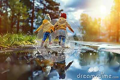 Joyful Children Running Through Puddles on Rainy Day Stock Photo