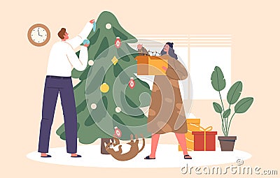 Joyful Couple Characters Adorned In Festive Attire Decorates A Twinkling Christmas Tree, Exchanging Smiles And Laughter Vector Illustration