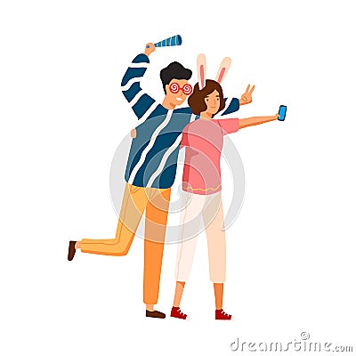 Joyful couple in funny glasses and ears taking selfie together vector flat illustration. Happy man and woman Vector Illustration