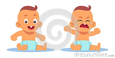 Joyful and crying baby. Newborn boy sitting on floor in diaper. Happy and sad kid. Caucasian toddler. Child different Vector Illustration