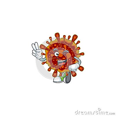 A joyful deadly coronvirus mascot design showing his two fingers Vector Illustration