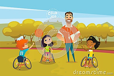 Joyful disabled kids in wheelchairs playing with ball and male coach standing near them and supervising. Concept of Vector Illustration