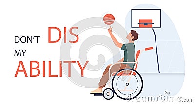 Joyful disabled man in wheelchair playing basketball. Adaptive sports Vector Illustration