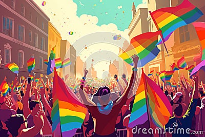 Joyful Diversity: LGBT+ Community Celebrating at a Gay Pride Parade Cartoon Illustration