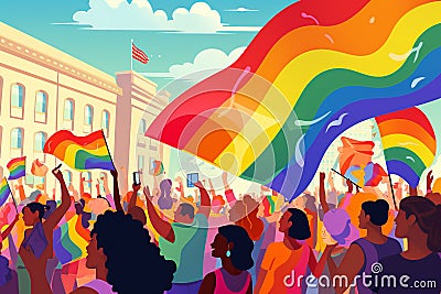 Joyful Diversity: LGBT+ Community Celebrating at a Gay Pride Parade Cartoon Illustration