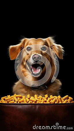 Joyful Dog Posing for TV Food Commercial on Black Background . Stock Photo