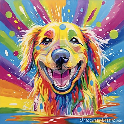 Joyful Domestic Animal Splashing through Rainbow Puddle Stock Photo