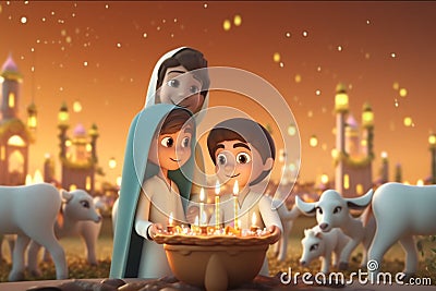 Joyful Eid Adha scene with kids and a stunning 3D background Stock Photo