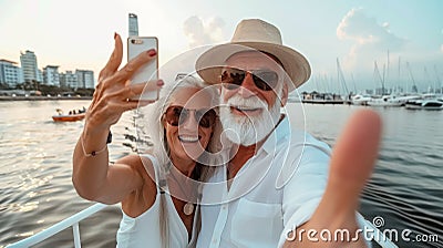 Joyful elderly european couple taking selfie on vacation with blurred downtown background Stock Photo