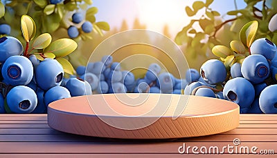 Joyful Empty podium for product presentation and Huckleberry tree background on digital art concept, Generative AI Stock Photo
