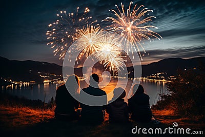 Joyful families gathered to watch stunning fireworks lighting up the evening sky Stock Photo