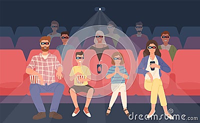 Joyful family sitting in stereoscopic movie theater or cinema hall. Mother, father and their children in 3d glasses Vector Illustration