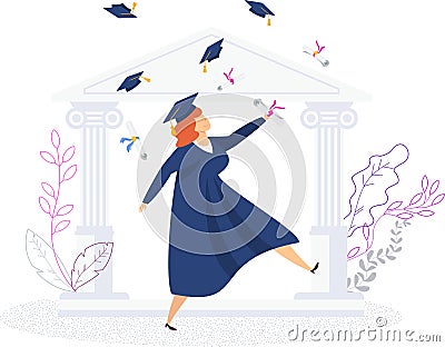 University graduates celebrate graduation. Graduation gown. Student party. Vector Illustration