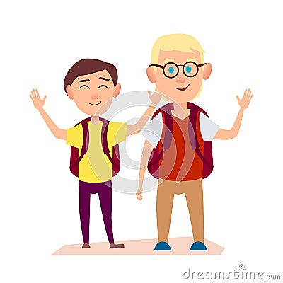 Happy Friends Waving Hands. Free Time after School Vector Illustration