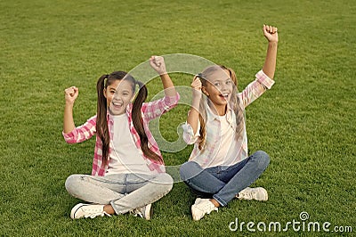 Joyful friends. Sisterhood and friendship. Cheerful schoolgirls on sunny day. Girl ponytails hairstyle enjoy summer Stock Photo