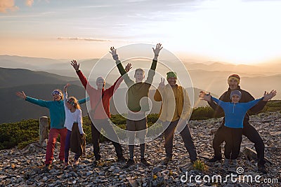 Joyful friends during a travel in mountains Stock Photo