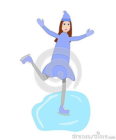 Joyful girl skating on the ice rink. Vector Illustration