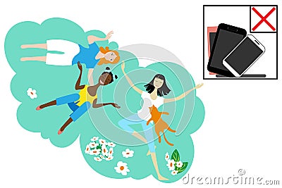 Joyful girls relaxes on meadow. Smart phone ban. Top view, flat style. Digital detox Vector Illustration