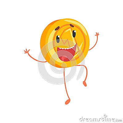 Joyful golden coin jumping with hands up. Cartoon money character with legs and arms. One cent or penny icon in flat Vector Illustration