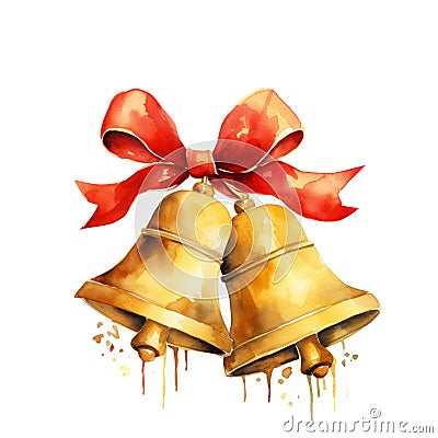 Joyful Golden Watercolor Christmas Bells with Red Ribbon Bow on White Background AI Generated Cartoon Illustration