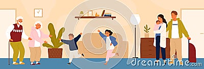 Joyful grandchildren meeting their grandparents. Happy family visiting grandfather and grandmother. Grandson and Vector Illustration