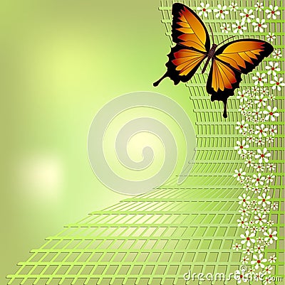 Joyful green bokeh spring background with yellow butterfly and small white flowers on grid. For your spring design Vector Illustration