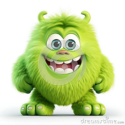 Joyful Green Furry Cartoon Monster. Generative ai Cartoon Illustration