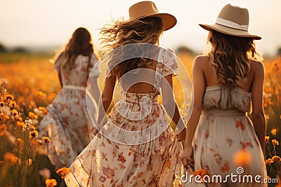 Joyful group of friends strolling through a picturesque meadow adorned with vibrant flowers. Ai generated Stock Photo