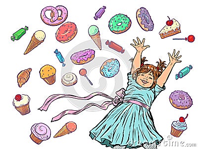 Joyful happy girl. Confectionery sweets candy cupcake donut cake ice cream. birthday background Cartoon Illustration