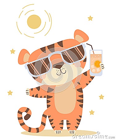 Joyful, happy, satisfied tiger with a Sunglasses and glass of cocktail while relaxing under the sun. Vector illustration Vector Illustration