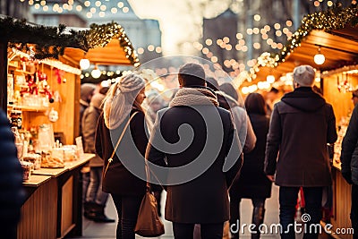 Joyful Holiday Magic. Blurred Bokeh Lights Illuminate Vibrant Christmas Market with Festive Stalls Stock Photo