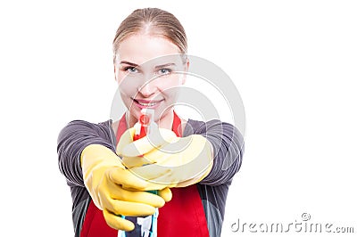 Joyful housewife cleaning and washing Stock Photo