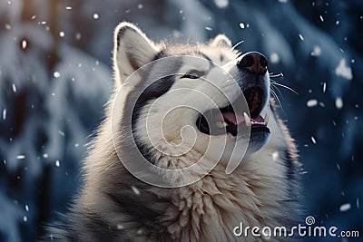Joyful husky in snow, mouth agape, savoring the winter wonderland Stock Photo