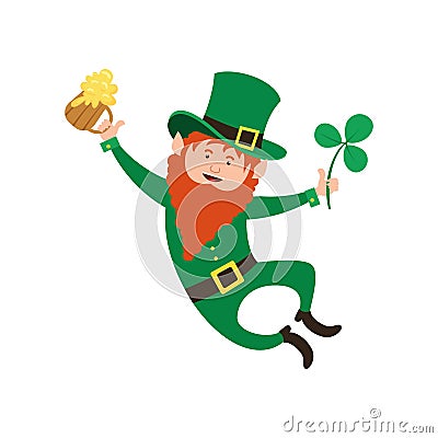 Joyful jumping leprechaun with clover and beer in his hands. Vector Illustration