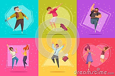 Joyful Jumping People Design Set Vector Illustration