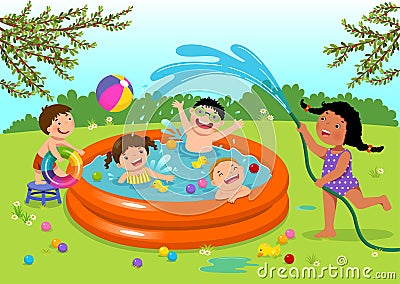 Joyful kids playing in inflatable pool in the backyard Vector Illustration