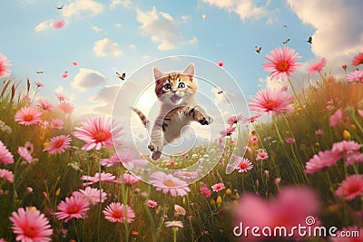 Joyful kitten is flying above a meadow with many flowers Stock Photo