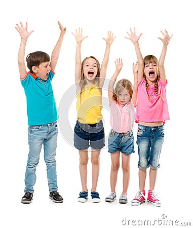 Joyful laughing children with hands up Stock Photo