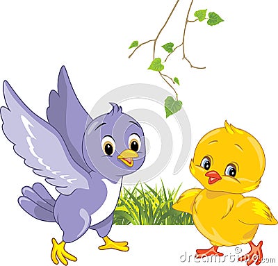 Joyful little bird and happy chick Vector Illustration