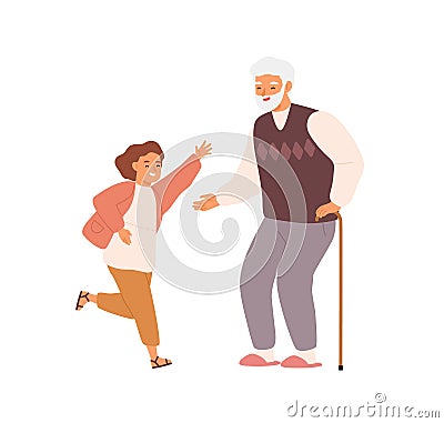 Joyful little girl and grandfather having fun together vector flat illustration. Happy grandchild running and hugging Vector Illustration