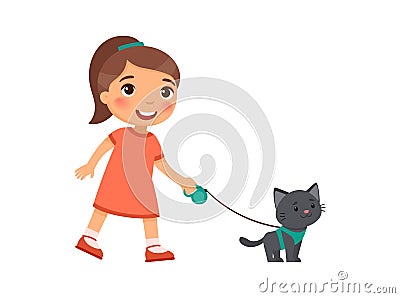 A joyful little girl is holding a cute black kitten on a harness. Vector Illustration