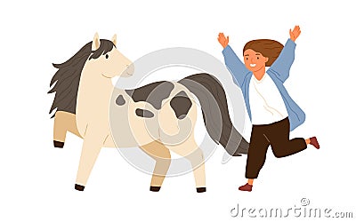 Joyful little girl running to hug adorable pony vector flat illustration. Smiling female child happy to meeting animal Vector Illustration